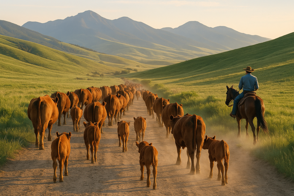 Cow-calf pairs trailing slowly along a ranch road toward green foothill summer pasture in the early morning with mountains in the background