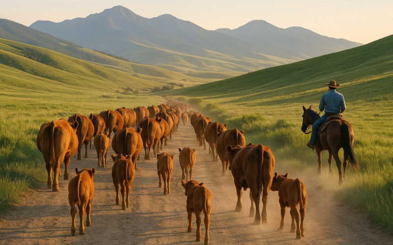 Cow-calf pairs trailing slowly along a ranch road toward green foothill summer pasture in the early morning with mountains in the background