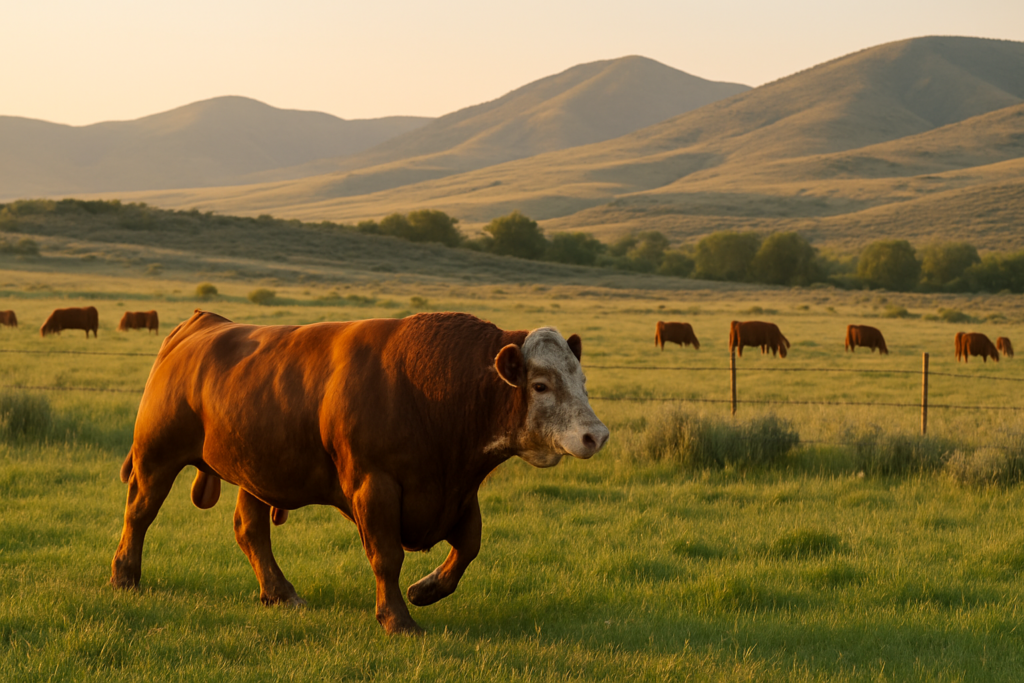 A beef bull walking through a green summer pasture at sunrise with cows grazing behind him and Montana foothills in the distance