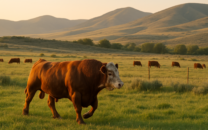 A beef bull walking through a green summer pasture at sunrise with cows grazing behind him and Montana foothills in the distance