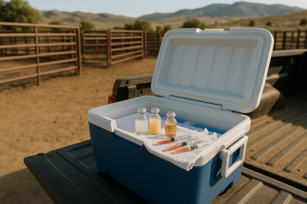 An open cooler with vaccine bottles and syringes on a ranch tailgate beside a working chute on a summer morning in Montana