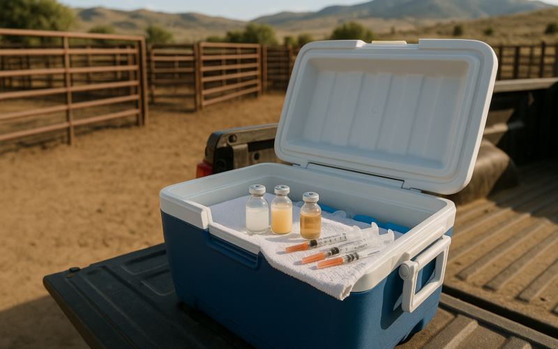 An open cooler with vaccine bottles and syringes on a ranch tailgate beside a working chute on a summer morning in Montana