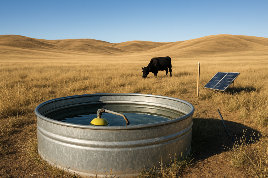 A stock water tank with a float valve on open Montana summer range, a cow drinking and a small solar panel visible nearby
