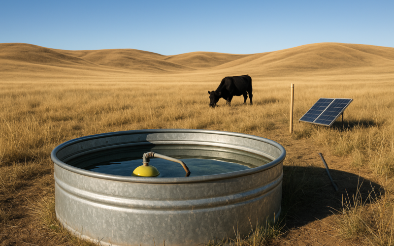 A stock water tank with a float valve on open Montana summer range, a cow drinking and a small solar panel visible nearby