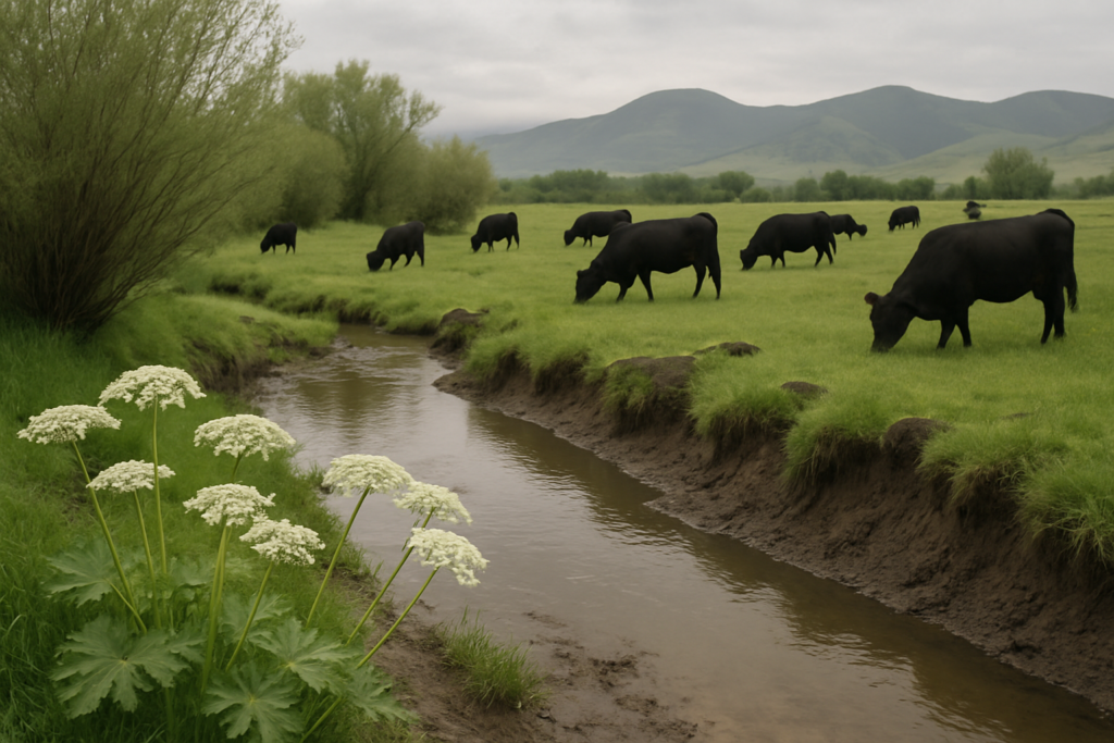 Cattle grazing near a wet creek bank in a Montana meadow with tall white-flowered plants along the muddy edge