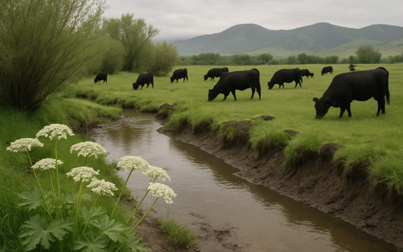 Cattle grazing near a wet creek bank in a Montana meadow with tall white-flowered plants along the muddy edge