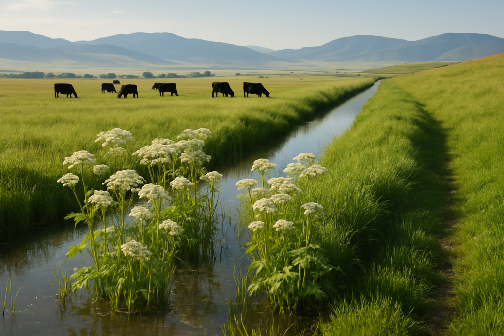 Cattle grazing near a wet Montana ditch bank where tall white-flowering plants grow in standing water