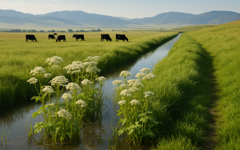 Cattle grazing near a wet Montana ditch bank where tall white-flowering plants grow in standing water