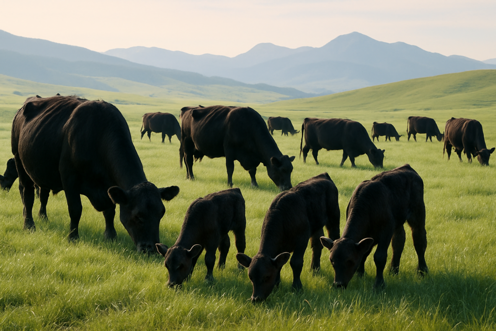 Black cows and calves grazing dewy green grass on a Montana foothill pasture in early summer morning light