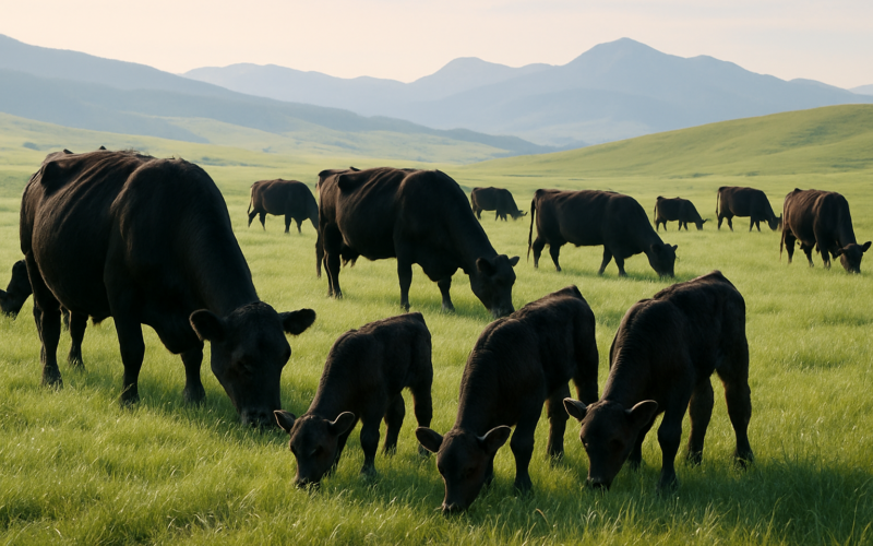 Black cows and calves grazing dewy green grass on a Montana foothill pasture in early summer morning light