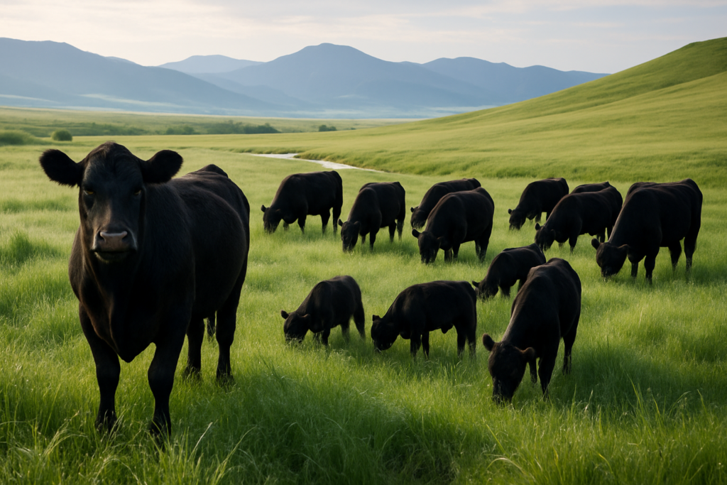 Yearling cattle grazing a green Montana foothill pasture on a dewy June morning with mountains in the distance