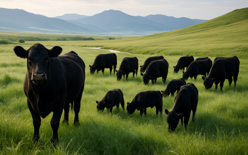 Yearling cattle grazing a green Montana foothill pasture on a dewy June morning with mountains in the distance