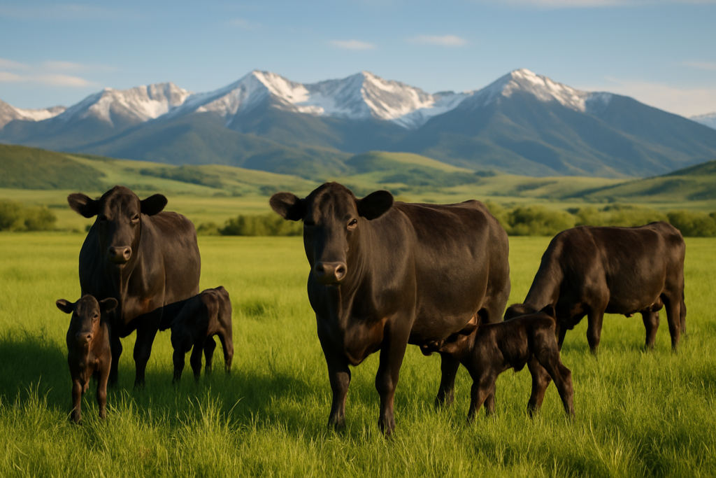 Young first-calf Angus cows and their calves grazing green June pasture with Montana foothills in the background