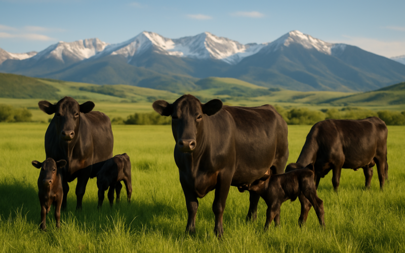 Young first-calf Angus cows and their calves grazing green June pasture with Montana foothills in the background