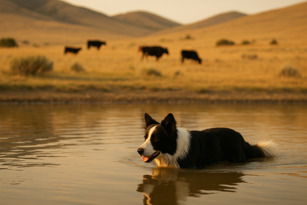 A Border Collie stock dog cooling off in a stock pond on Montana rangeland during a hot summer day