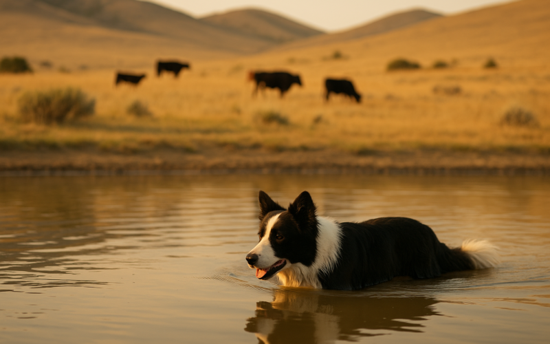 A Border Collie stock dog cooling off in a stock pond on Montana rangeland during a hot summer day