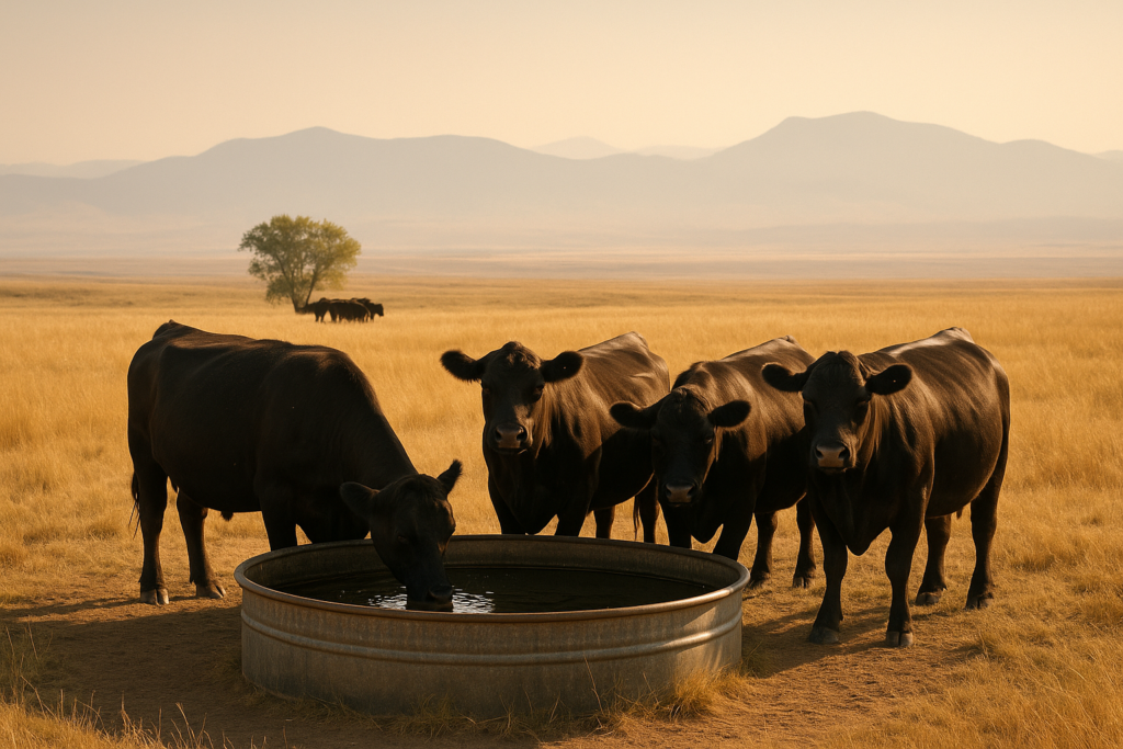 Black cattle gathered around a stock tank on open Montana rangeland on a hot summer afternoon with distant mountains