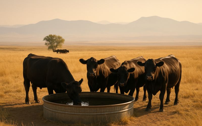 Black cattle gathered around a stock tank on open Montana rangeland on a hot summer afternoon with distant mountains