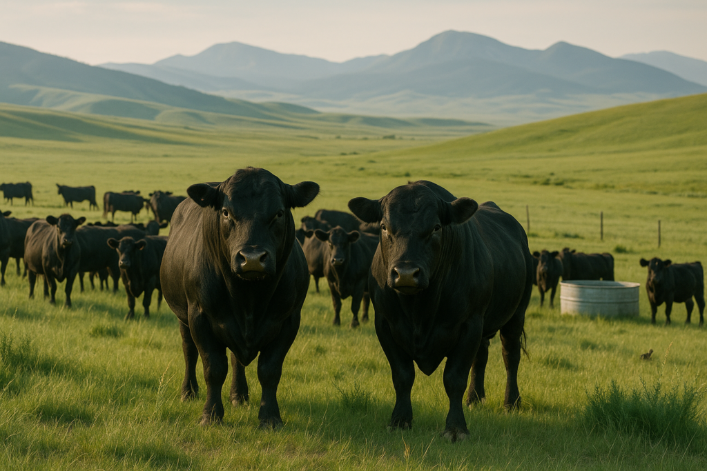 Black Angus bulls standing among cows on green Montana rangeland in early summer morning light with foothills behind