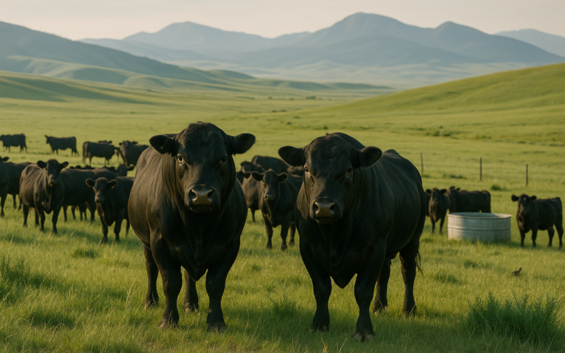 Black Angus bulls standing among cows on green Montana rangeland in early summer morning light with foothills behind