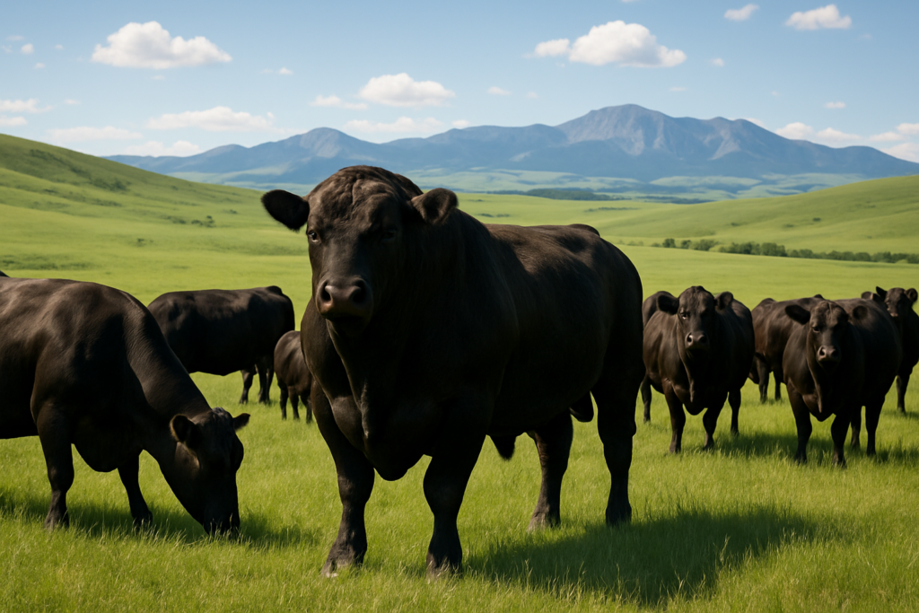 A black Angus bull standing among cows on green summer rangeland with Montana foothills behind them