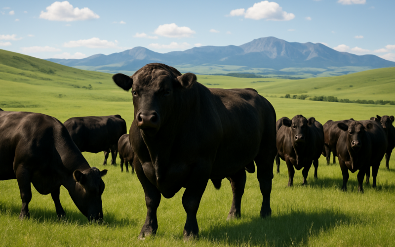 A black Angus bull standing among cows on green summer rangeland with Montana foothills behind them