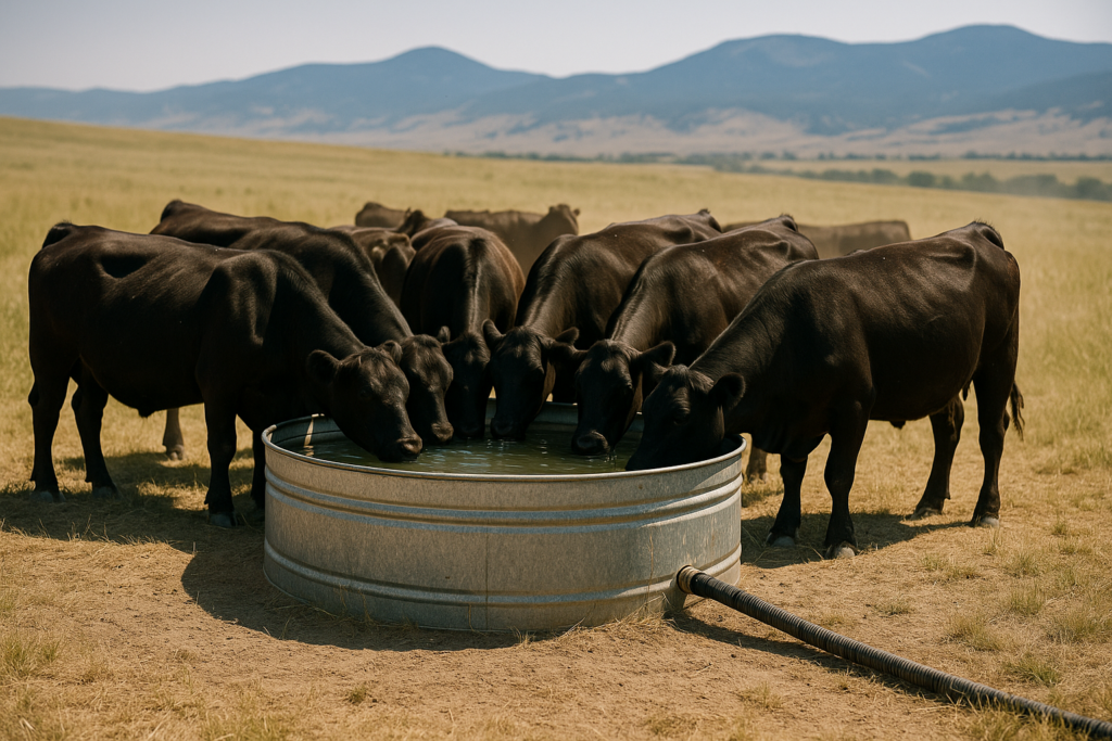 Black cattle crowded around a galvanized stock tank in a dry summer Montana pasture with foothills in the distance