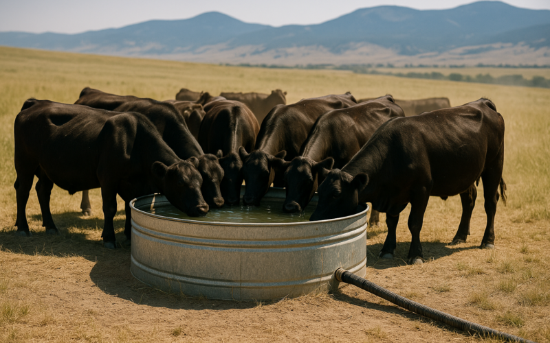 Black cattle crowded around a galvanized stock tank in a dry summer Montana pasture with foothills in the distance