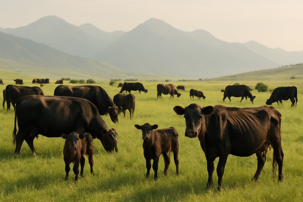Cows and calves grazing green Montana foothill pasture in early summer with mountains in the distance