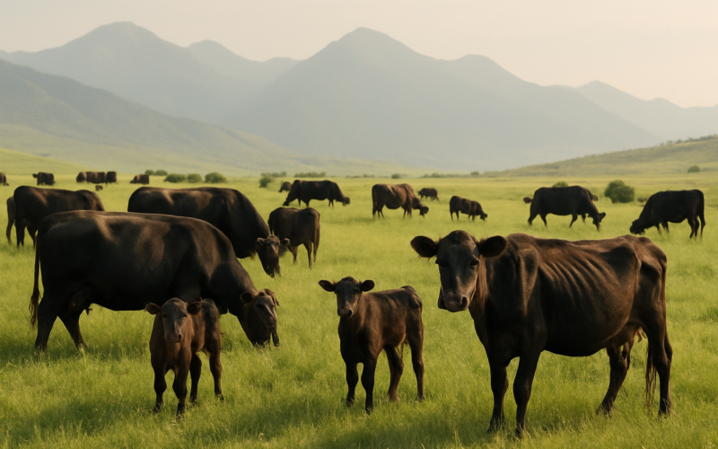 Cows and calves grazing green Montana foothill pasture in early summer with mountains in the distance