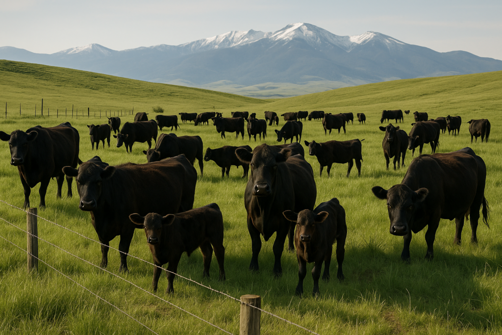 Black Angus cows and calves grazing on a green Montana foothill pasture in early summer with mountains in the background