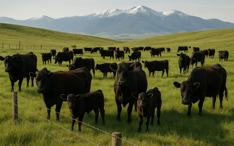 Black Angus cows and calves grazing on a green Montana foothill pasture in early summer with mountains in the background