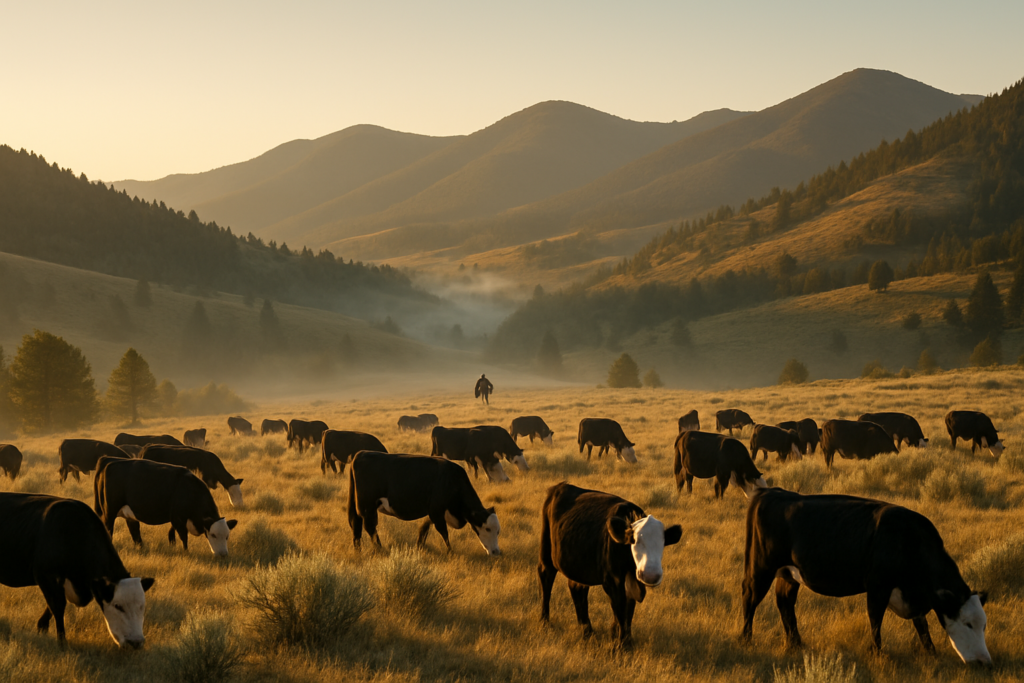 Cattle grazing on Montana foothill summer range at dawn with timbered draws behind them and a distant rider checking the herd