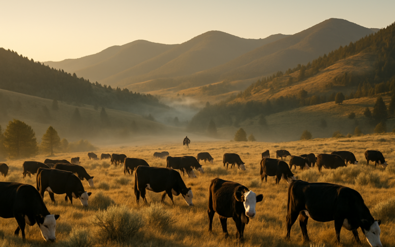Cattle grazing on Montana foothill summer range at dawn with timbered draws behind them and a distant rider checking the herd