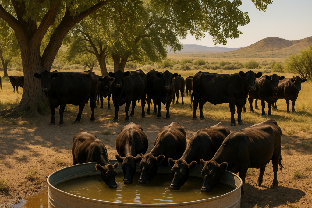 Black cattle drinking at a stock tank and standing in cottonwood shade on open Montana rangeland during a hot summer day