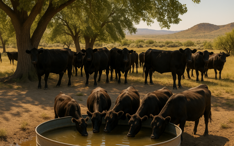 Black cattle drinking at a stock tank and standing in cottonwood shade on open Montana rangeland during a hot summer day
