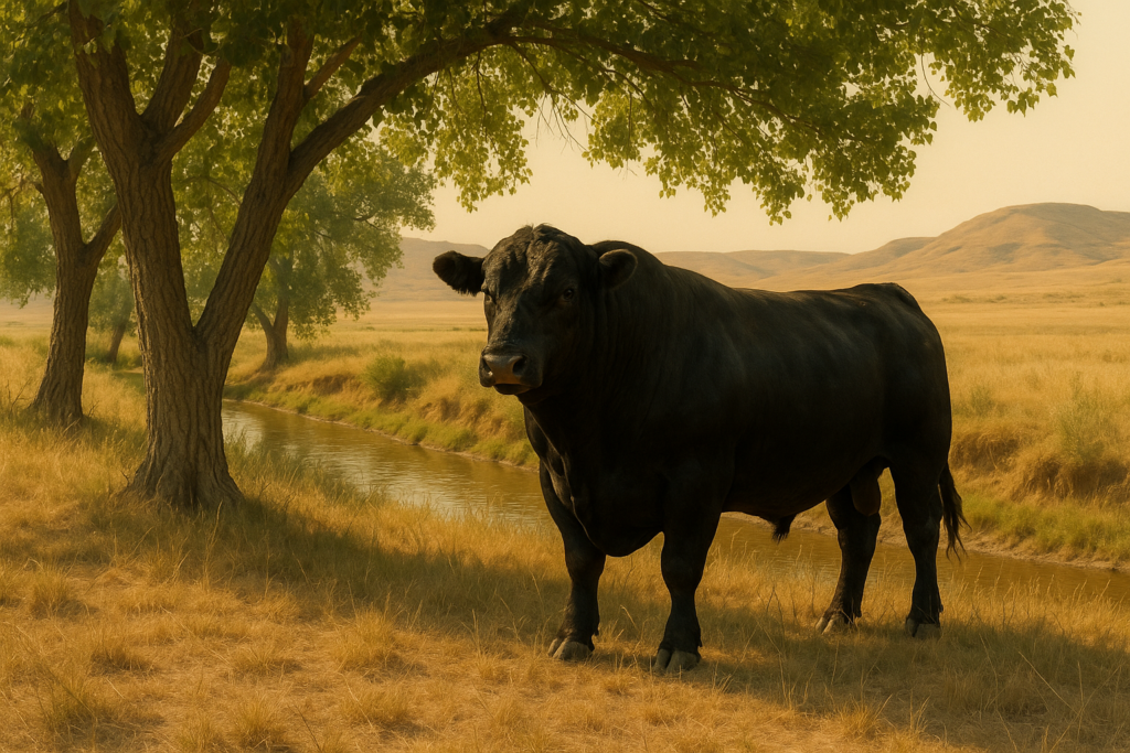 A black bull standing in cottonwood shade along a creek on a hot Montana summer day