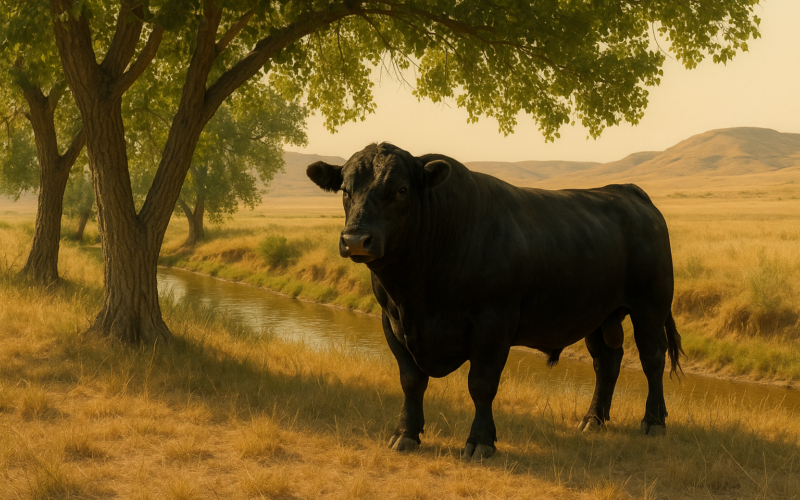 A black bull standing in cottonwood shade along a creek on a hot Montana summer day