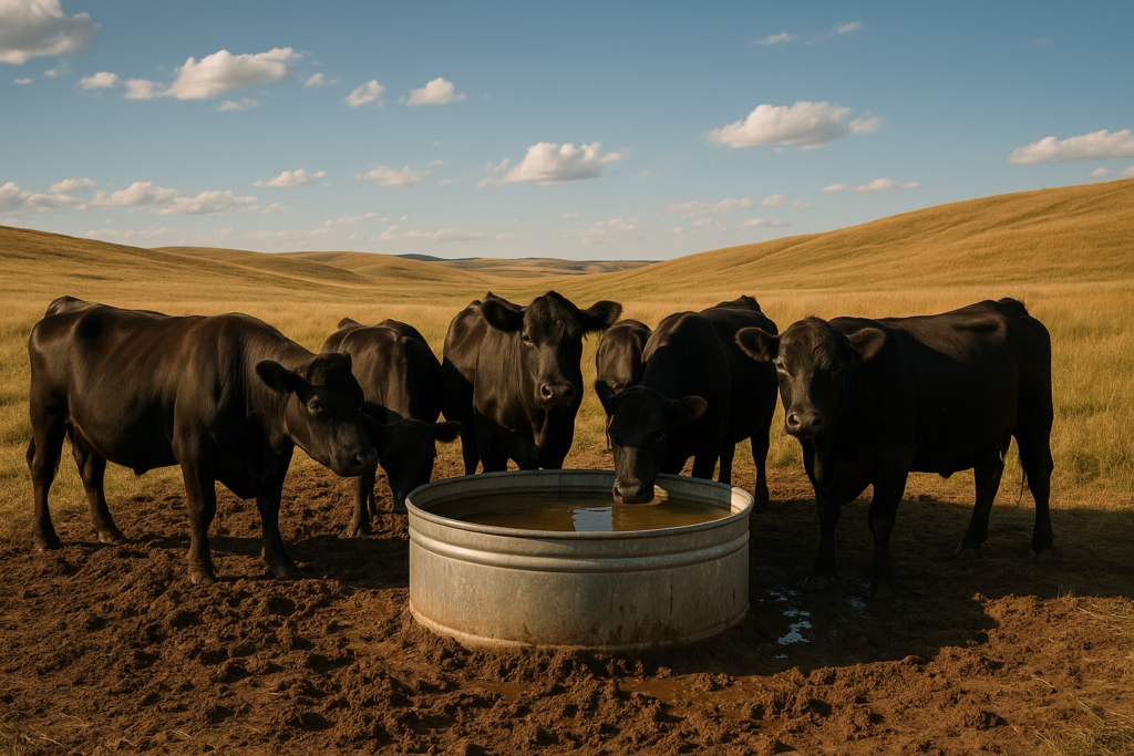 Black cattle crowded around a stock tank on churned muddy ground in a Montana summer pasture, the kind of wet spot where foot rot starts