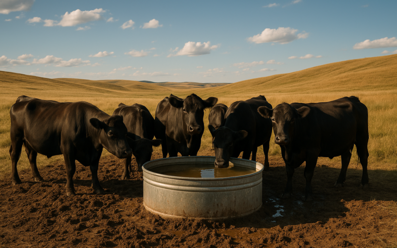 Black cattle crowded around a stock tank on churned muddy ground in a Montana summer pasture, the kind of wet spot where foot rot starts