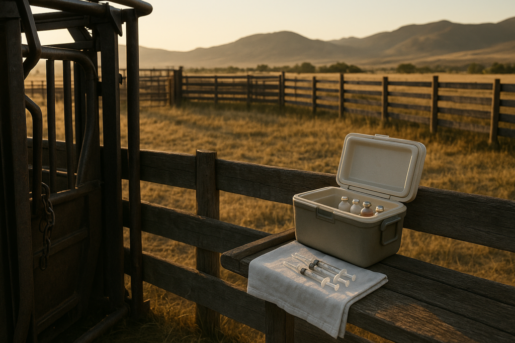 A cattle working chute with a shaded cooler of vaccine and clean syringes at a Montana corral in early morning summer light