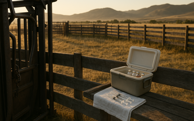 A cattle working chute with a shaded cooler of vaccine and clean syringes at a Montana corral in early morning summer light