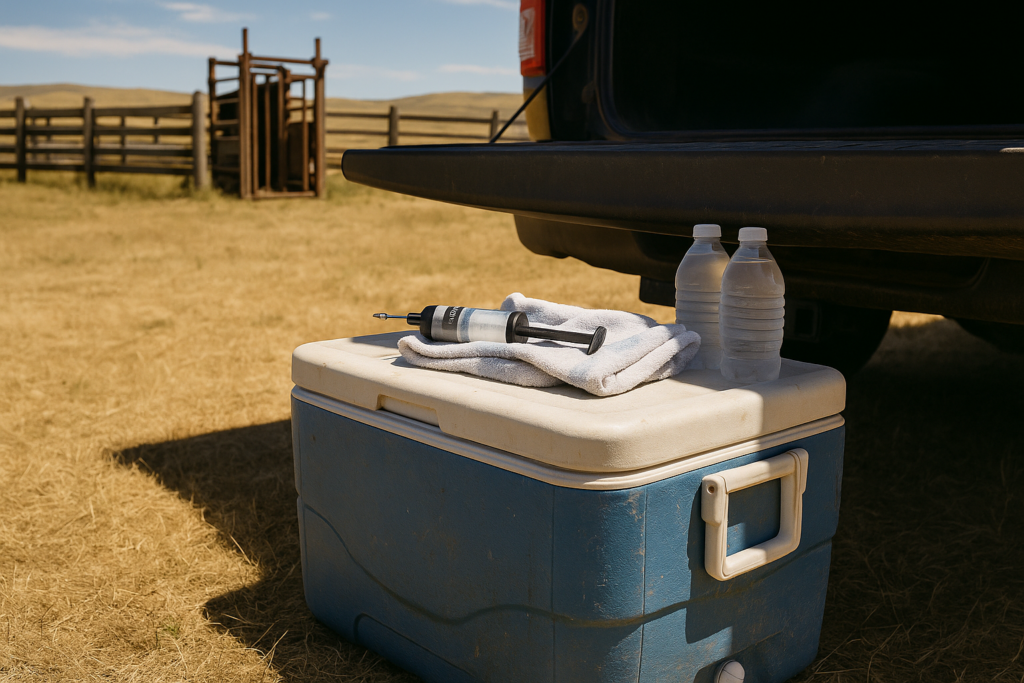 A cooler with frozen bottles and a cattle vaccine syringe in the shade at a Montana ranch corral during summer working