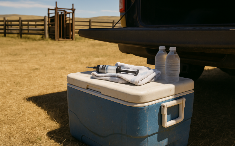 A cooler with frozen bottles and a cattle vaccine syringe in the shade at a Montana ranch corral during summer working