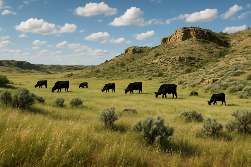Black cattle grazing head-down across rocky Montana prairie breaks with sagebrush and exposed rock outcrops in early summer
