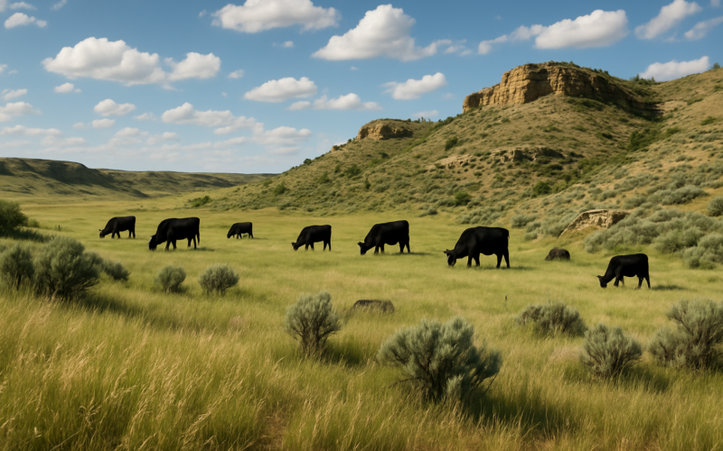 Black cattle grazing head-down across rocky Montana prairie breaks with sagebrush and exposed rock outcrops in early summer