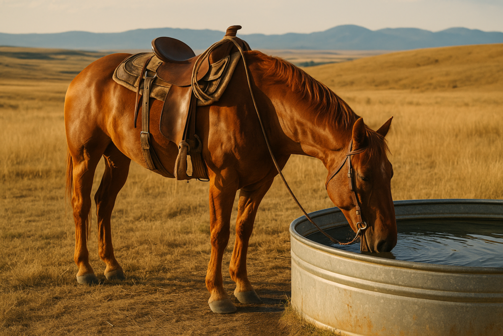 A saddled ranch horse drinking from a stock tank in a dry Montana summer pasture with mountains in the distance