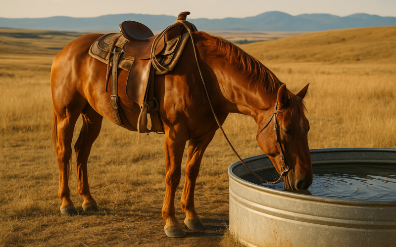 A saddled ranch horse drinking from a stock tank in a dry Montana summer pasture with mountains in the distance