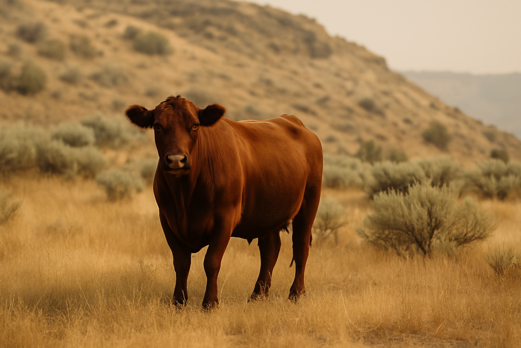 A lone beef cow standing on rocky, sagebrush-covered Montana summer range near a coulee