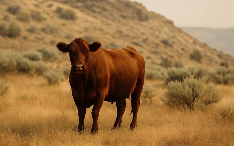 A lone beef cow standing on rocky, sagebrush-covered Montana summer range near a coulee